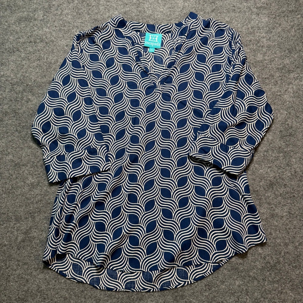 ESCAPADA Navy Geometric Rayon Tunic Blouse XL 3/4 Sleeve